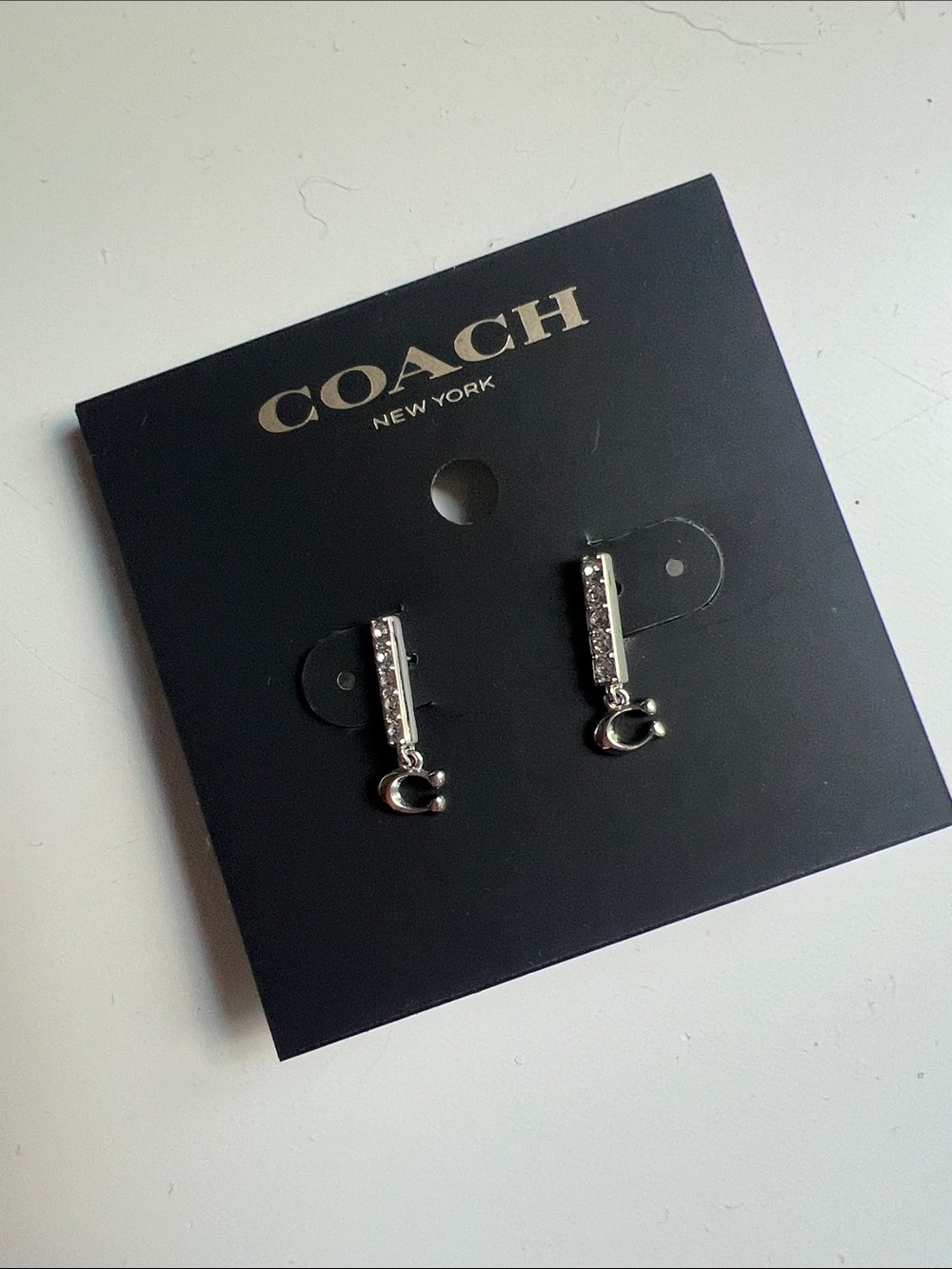 Coach Silver Crystal Bar Earrings with 'C' Charm
